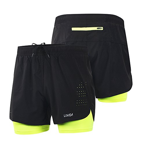 Lixada Hombres Pantalónes Cortos de Running 2-en-1, Pantalones Cortos de Atletismo, Pantalones Cortos de Fitness Maratón, Transpirable Pantalones+Secado Rápido (Verde, XL)