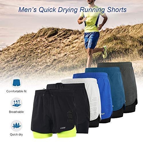 Lixada Hombres Pantalónes Cortos de Running 2-en-1, Pantalones Cortos de Atletismo, Pantalones Cortos de Fitness Maratón, Transpirable Pantalones+Secado Rápido (Azul Oscuro, L)