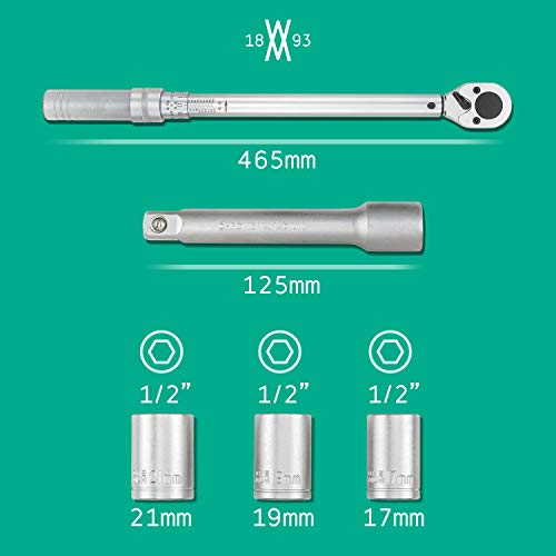Llave dinamométrica 1/2" con extensión y vasos de 17 mm, 19 mm y 21 mm de WIESEMANN 1893 | Apriete preciso gracias a desacople automático y escala dual | Acero al cromo vanadio, cromado | 80386 Llave dinamométrica 1/2" con extensión y vasos de 17 mm, 19 mm y 21 mm de WIESEMANN 1893 | Apriete preciso gracias a desacople automático y escala dual | Acero al cromo vanadio, cromado | 80386
