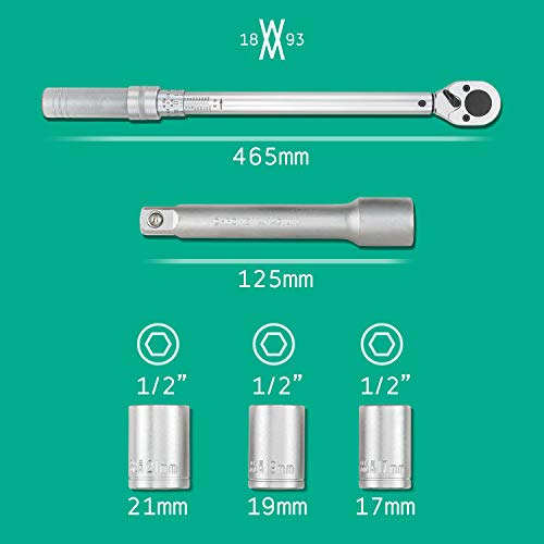 Llave dinamométrica 1/2" con extensión y vasos de 17 mm, 19 mm y 21 mm de WIESEMANN 1893 | Apriete preciso gracias a desacople automático y escala dual | Acero al cromo vanadio, cromado | 80386