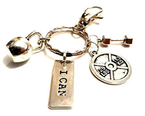 Llavero motivacional con forma de mancuerna con texto en inglés "I Can" en una bolsa de regalo de terciopelo Llavero motivacional con forma de mancuerna con texto en inglés "I Can" en una bolsa de regalo de terciopelo