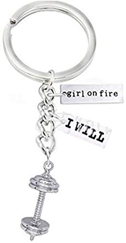 Llavero personalizado con colgante de plata con texto en inglés "Girl on Fire and I Will Charm", con forma de mancuerna