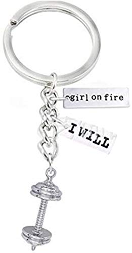 Llavero personalizado con colgante de plata con texto en inglés "Girl on Fire and I Will Charm", con forma de mancuerna Llavero personalizado con colgante de plata con texto en inglés "Girl on Fire and I Will Charm", con forma de mancuerna