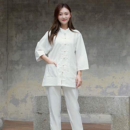 LLFFDC Trajes de Tai Chi Uniforme de Kung Fu para Mujer Traje Tang Ropa de Artes Marciales Uniforme Chino Ropa de Kung Fu Meditación Zen Traje de Tai Chi Manga 3/4, Blanco, S/TagM