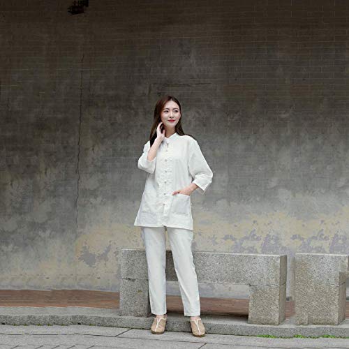 LLFFDC Trajes de Tai Chi Uniforme de Kung Fu para Mujer Traje Tang Ropa de Artes Marciales Uniforme Chino Ropa de Kung Fu Meditación Zen Traje de Tai Chi Manga 3/4, Blanco, S/TagM