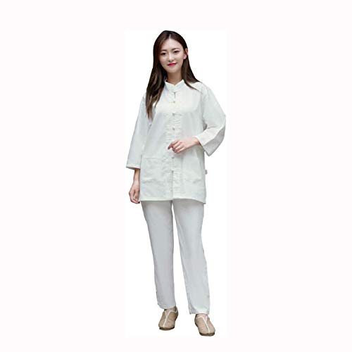 LLFFDC Trajes de Tai Chi Uniforme de Kung Fu para Mujer Traje Tang Ropa de Artes Marciales Uniforme Chino Ropa de Kung Fu Meditación Zen Traje de Tai Chi Manga 3/4, Blanco, S/TagM