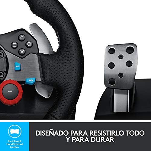 Logitech G29 Driving Force Volante de Carreras y Pedales, Force Feedback, Aluminio Anodizado, Palancas de cambio, Volante de Cuero, Pedales Ajustables, Enchufe EU, PS5, PS4, PC, Mac - Negro