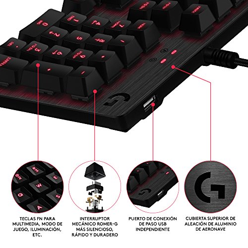 Logitech G413 - Teclado Gaming Mecánico, Teclas Retroiluminadas, Teclas Romer-G Táctil, Aleación de Aluminio 5052, Personalizable, Conexión de Paso de USB, QWERTY Español, Carbón Logitech G413 - Teclado Gaming Mecánico, Teclas Retroiluminadas, Teclas Romer-G Táctil, Aleación de Aluminio 5052, Personalizable, Conexión de Paso de USB, QWERTY Español, Carbón