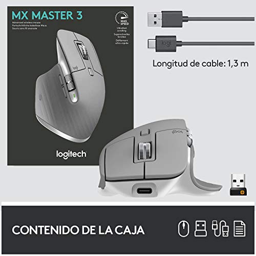 Logitech MX Master 3 Ratón Inalámbrico, Receptor USB, Bluetooth/2.4GHz, Desplazamiento Rápido, Seguimiento 4000 DPI en Cualquier Superficie, 7 Botones, Recargable, PC/Mac/Portátil/iPadOS, Gris claro