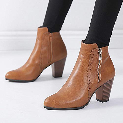 Logobeing Botines Mujer Tacon Invierno Planos Tacon Ancho Piel Botas de Mujer Medio Zapatos Combat Casual Planas Zapatos de Plataforma-5849(38,Marrón)