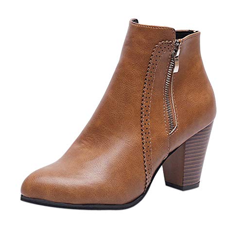 Logobeing Botines Mujer Tacon Invierno Planos Tacon Ancho Piel Botas de Mujer Medio Zapatos Combat Casual Planas Zapatos de Plataforma-5849(38,Marrón)