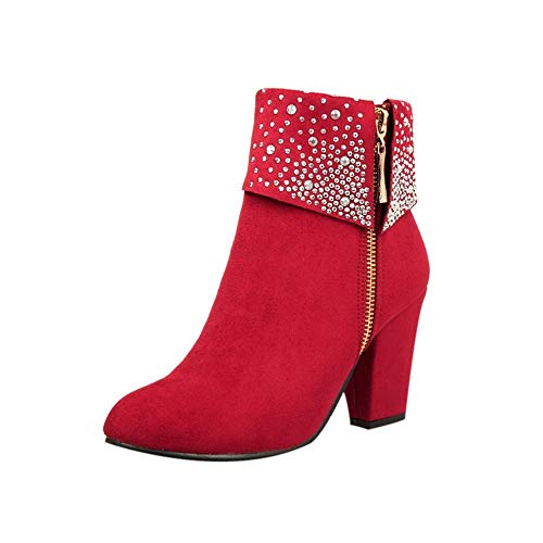 Logobeing Zapatos Mujer Tacones Botines Mujer Tacon Medio Planos Invierno Alto Botas de Mujer Casual Plataforma Nieve Ante Botas de Cordones Calientes Altas Boots(41,Rojo)