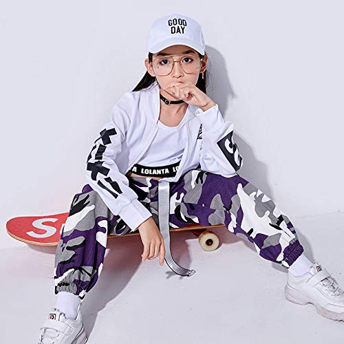 LOLANTA 2 Piezas Niñas Hip Hop Street Dance Ropa Individual Juego Crop Tank Top + Camuflaje Pantalones Basculador (11-12 años, Morado)