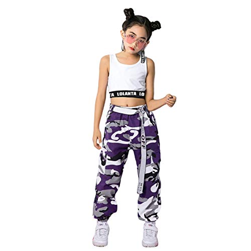 LOLANTA 2 Piezas Niñas Hip Hop Street Dance Ropa Individual Juego Crop Tank Top + Camuflaje Pantalones Basculador (11-12 años, Morado)