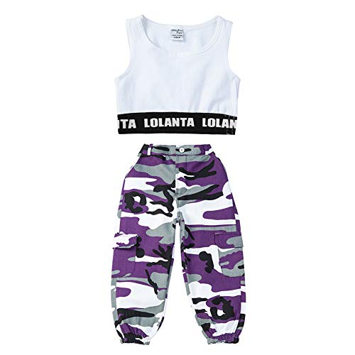 LOLANTA 2 Piezas Niñas Hip Hop Street Dance Ropa Individual Juego Crop Tank Top + Camuflaje Pantalones Basculador (11-12 años, Morado)