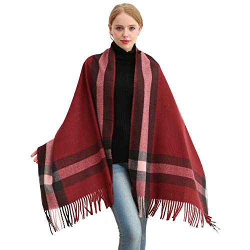 Longwu Bufanda de lana de cachemira suave para mujer Manta y envoltura de pashmina grande Manta de estola cálida Vino rojo*