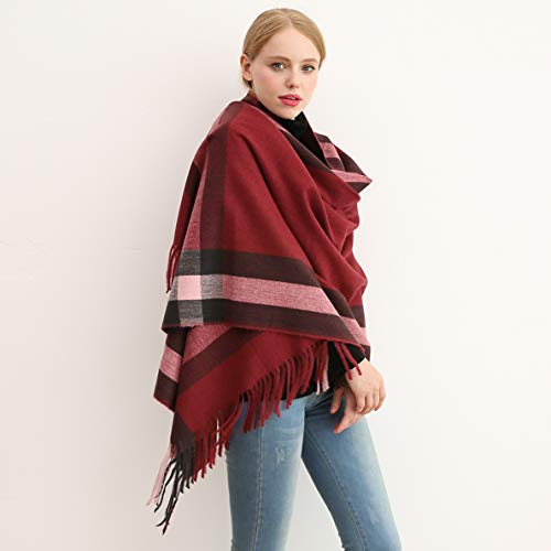 Longwu Bufanda de lana de cachemira suave para mujer Manta y envoltura de pashmina grande Manta de estola cálida Vino rojo*