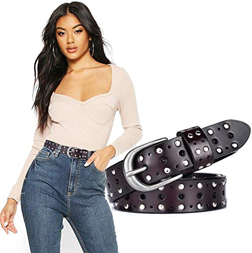 Longwu Cinturón casual de jeans con remaches para mujer, 100% cuero de vaca genuino italiano, embalado en caja