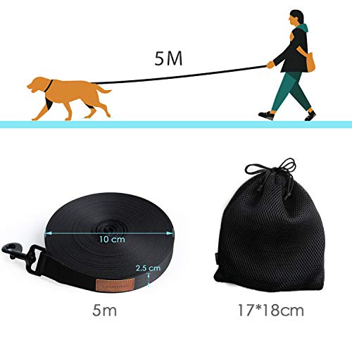 Looxmeer Correa de Adiestramiento para Perros, Correa Perro Larga, Cuerda para Perros Manos Libres, Correa Resistente Fuerte para Camping Paseo, 5m Negro