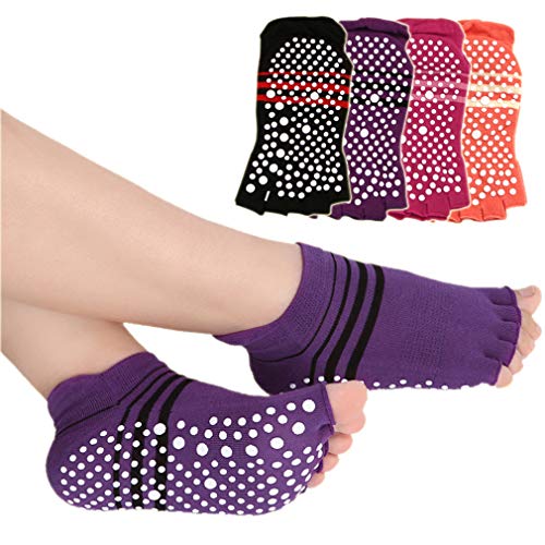 LORYLOLY 4 Pares Calcetines de Yoga Mujere, Calcetín Antideslizantes Algodón Transpirable EU35-40, para Yoga Pilates Ballet Barre Fitness Danza Trampolín