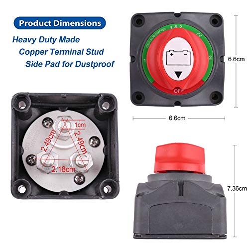 LotFancy Interruptor Aislador de Batería 4 en 1 Interruptor de Desconexión para Vehículos Náuticos RV ATV UTV, 6V 12V 24V 48V 60V Resistente e Impermeable 275/1250 Amperios (1-2-Both-OFF 4 en 1)