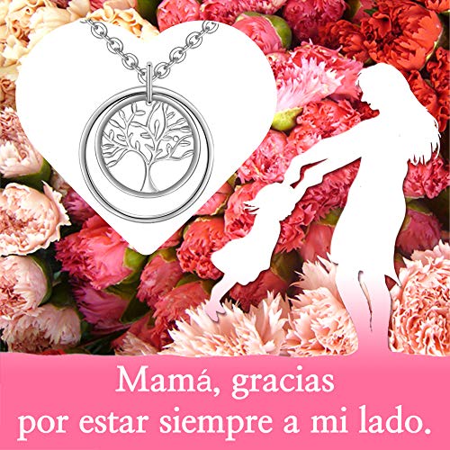 LOVORDS Collar Mujer Grabado Plata de Ley 925 Colgante Árbol de la Vida Familiar Círculo Regalo Madre Mamá