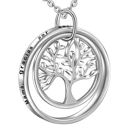 LOVORDS Collar Mujer Grabado Plata de Ley 925 Colgante Árbol de la Vida Familiar Círculo Regalo Madre Mamá