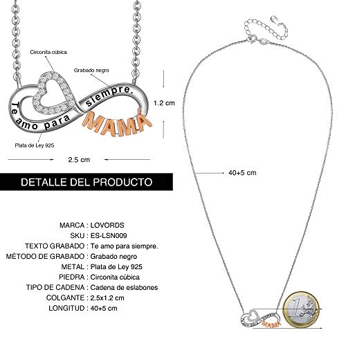 LOVORDS Collar Mujer Grabado Plata de Ley 925 Colgante Mamá y Corazón Infinito Regalo Madre