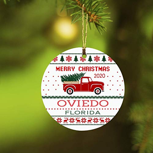 Lplpol Feliz Navidad 2020 Oviedo Florida Ornamento, Decoración de recuerdo para árbol de Navidad, 3 pulgadas de cerámica redonda ornamento Keepsake, Feliz Navidad 2020 regalos ideal, TFG1688