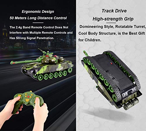 LTOOTA Tanque Control Remoto Lanzamiento Batalla Artillería, Carga, Buggy Juguete para Niños, Juego Multijugador, Efectos Sonido Analógico, Torreta Rotación 360 Grados,Camouflagegreen,S