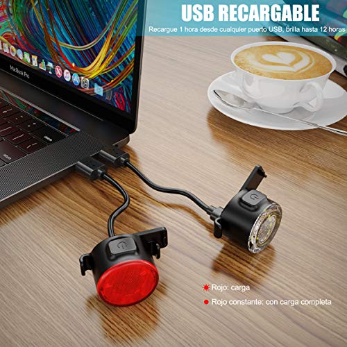 Luces Bicicleta, Luces Delanteras y Traseras Recargables USB Para Bicicleta, Impermeable LED Luz Bicicleta, 6 Iluminación Modos Luz de alerta, Luces Seguridad Para Ciclismo de Montaña y Carretera