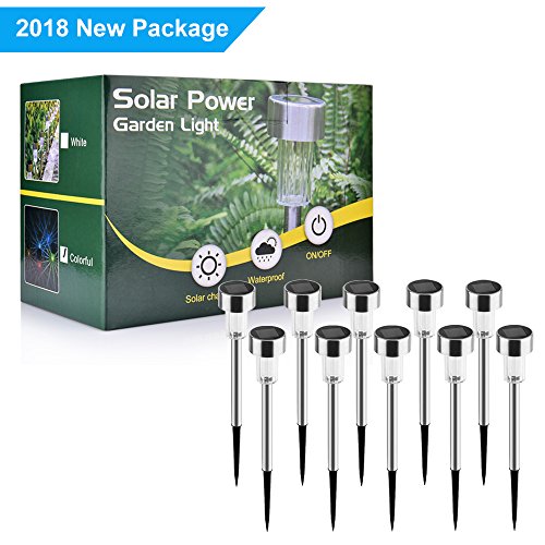 Luces de Jardín Solar, Hisome IP65 Impermeable Colorido Paisaje/Pathway Lámpara de Acero Inoxidable LED Luces Solares de Exterior Para Patio, Césped, Patio, Fácil Instalación Sin Cables (10 Pack)