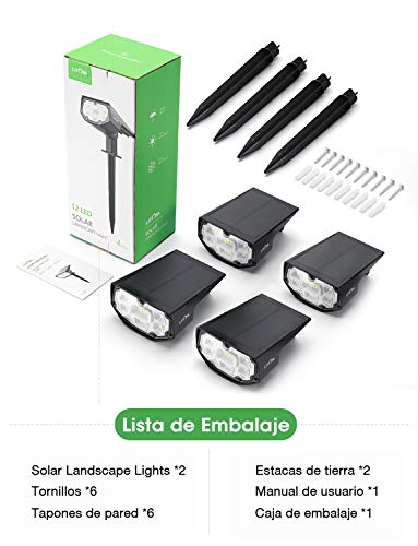 Luces Solares Led Exterior Jardin Impermeable IP67 focos solares exterior 12 LED Inalámbrico 2 en 1 Lamparas Solares para Piscina Cesped Jardín Patio Jardín Calzada Porche Pasarela(4 Paquetes)