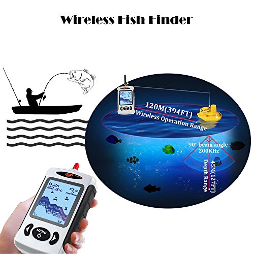 LUCKY Buscador de Profundidad inalámbrico portátil, Sensor de Sonar de Pesca de transductor con Mayor Distancia aérea, Alarma Fishfinder con Pantalla LCD