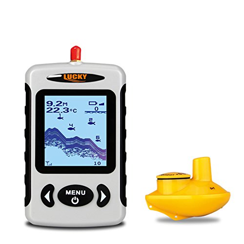 LUCKY Buscador de Profundidad inalámbrico portátil, Sensor de Sonar de Pesca de transductor con Mayor Distancia aérea, Alarma Fishfinder con Pantalla LCD
