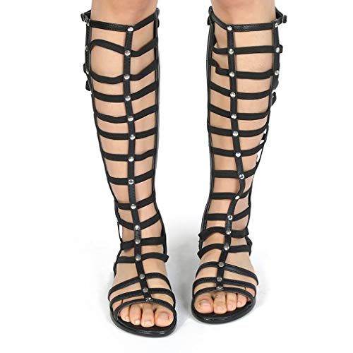 Luckycat Sandalias Romana Mujer Botas de Verano Sexy Hebillas de Metal Sandalias con Punta Abierta Mujer Corte Sandalias Estilo Gladiador Plano Rodilla Botas Tiras Gladiador Sandalias