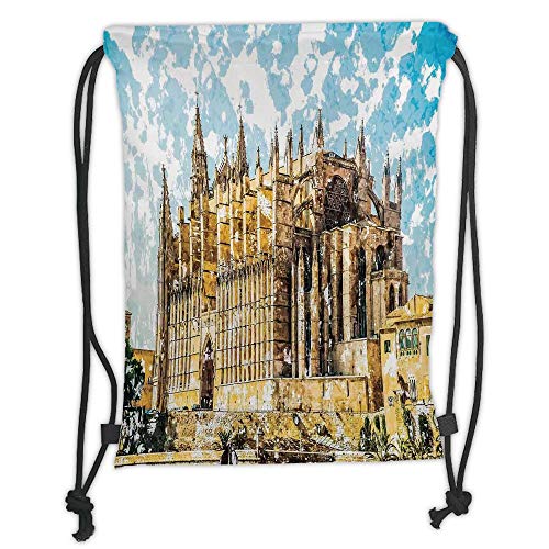 LULUZXOA Gym Bag Printed Drawstring Sack Backpacks Bags,Gothic Decor,Big Gothic Building Sea Shore Cathedral of Palma De Mallorca View from Road,Cream Blue White Soft Satinring Cl