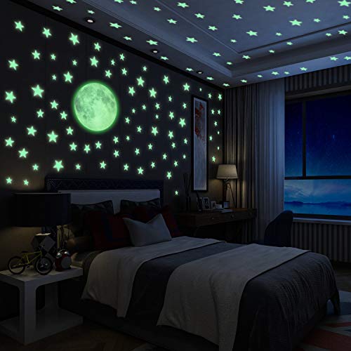 Luminoso Pegatinas de Pared Yosemy Luna y Estrellas, Fluorescente Decoración de Pared para Dormitorio de Niños, DIY Decoración de la Habitación Para Chico Niña Bebé, Casa Interior Mural, 222 Pzas