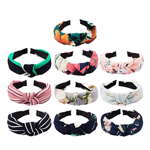 Lurrose 10Pcs Diademas Boho Vintage Cruzado Elástico Cruza La Cabeza Envuelve Bandas para El Cabello Acolchadas Impresas para Entrenamiento Correr Yoga