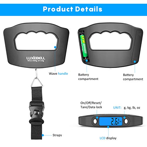 Luxebell Báscula Digital 50kg Balanza Portátil para Equipaje Viaje con Retroiluminado Azul/Función de Tara/Apagado Automático (Negro) Luxebell Báscula Digital 50kg Balanza Portátil para Equipaje Viaje con Retroiluminado Azul/Función de Tara/Apagado Automático (Negro)
