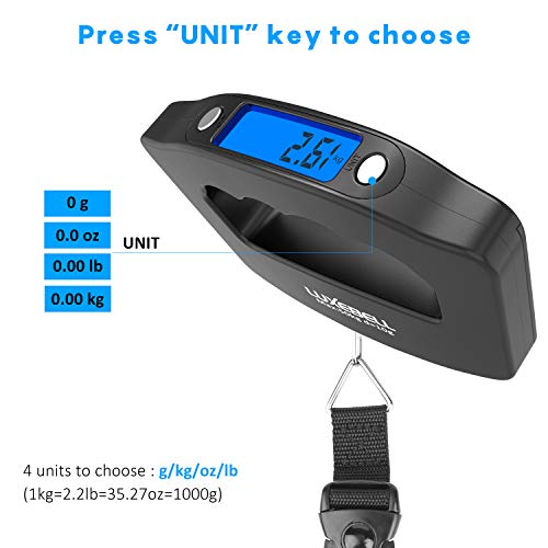 Luxebell Báscula Digital 50kg Balanza Portátil para Equipaje Viaje con Retroiluminado Azul/Función de Tara/Apagado Automático (Negro) Luxebell Báscula Digital 50kg Balanza Portátil para Equipaje Viaje con Retroiluminado Azul/Función de Tara/Apagado Automático (Negro)