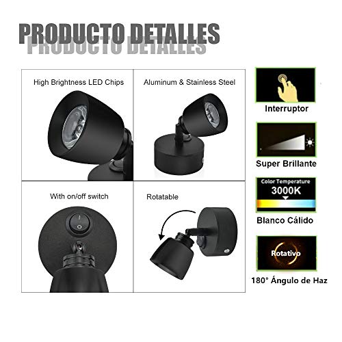 Luxvista 12V Luz de Lectura LED 3W Negro Lámpara Foco de Pared Interior con Interruptor 180° Flexible Iluminación RV para Barco Coche Caravana Autocaravana Camper Yate Furgoneta (Blanco Cálido)