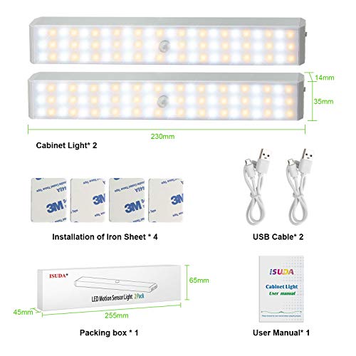 Luz Led Armario Magnética 72 LED, 1200mA Luz Sensor Movimiento USB Recargable,LED Armario con 3 Colores de Brillo, Luz Armario para Escaleras, Armario, Pasillo, Cocina, Gabinete-2 Pack