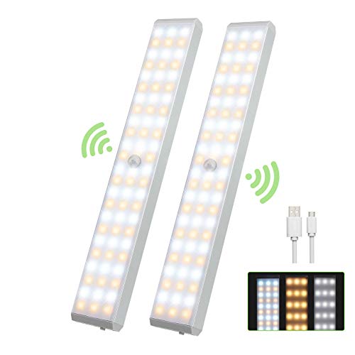 Luz Led Armario Magnética 72 LED, 1200mA Luz Sensor Movimiento USB Recargable,LED Armario con 3 Colores de Brillo, Luz Armario para Escaleras, Armario, Pasillo, Cocina, Gabinete-2 Pack