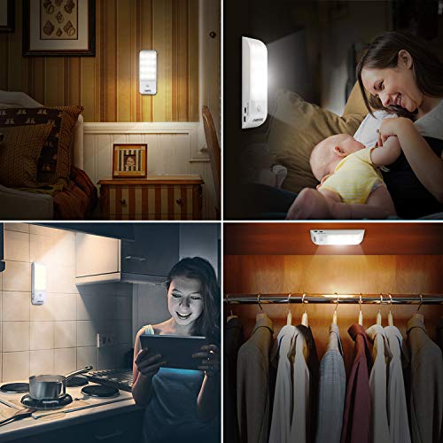 Luz Nocturna, OMERIL Luces LED Armario con Sensor Movimiento (2 PCs con 24 LED), Lámpara Nocturna Recargable con 3 Modos, Luz Cálida para Armario, Pasillo, Escalera, Sótano, Cocina, Garaje, Gabinete