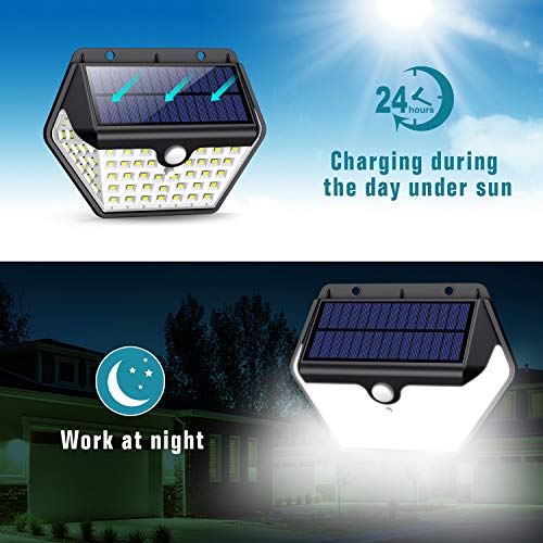 Luz Solar Exterior, [2019 Más Nuevo Modelo 60 LED - 800 Lumens] iPosible 270 °Iluminación de Cuatro Lados Foco Solar con Sensor de Movimiento Impermeable Lámpara Solar 3 Modos para Jardín 4-Paquete