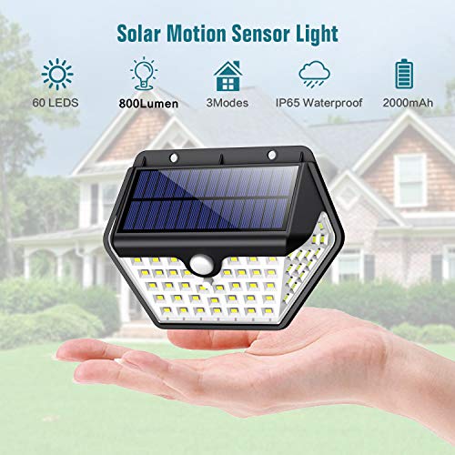 Luz Solar Exterior, [2019 Más Nuevo Modelo 60 LED - 800 Lumens] iPosible 270 °Iluminación de Cuatro Lados Foco Solar con Sensor de Movimiento Impermeable Lámpara Solar 3 Modos para Jardín 4-Paquete