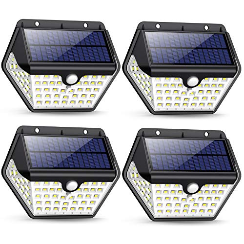 Luz Solar Exterior, [2019 Más Nuevo Modelo 60 LED - 800 Lumens] iPosible 270 °Iluminación de Cuatro Lados Foco Solar con Sensor de Movimiento Impermeable Lámpara Solar 3 Modos para Jardín 4-Paquete