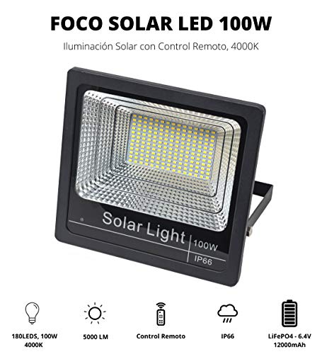 Luz Solar Exterior Mando a Distancia 100W, Foco Solar LED Luz Blanco Neutro 4000K, Lámpara Solar 180 LEDS, Iluminación Solar Hasta 15 HORAS de Luz 5000 LM