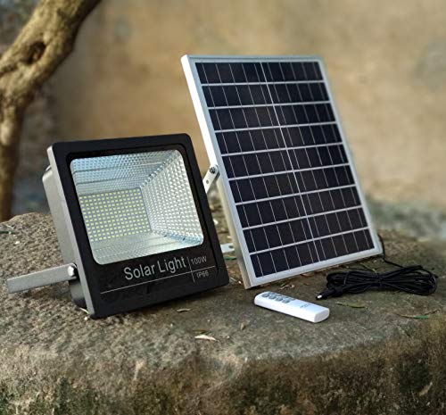 Luz Solar Exterior Mando a Distancia 100W, Foco Solar LED Luz Blanco Neutro 4000K, Lámpara Solar 180 LEDS, Iluminación Solar Hasta 15 HORAS de Luz 5000 LM